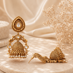 Long traditional antique gold pearl drop jhumka earring
