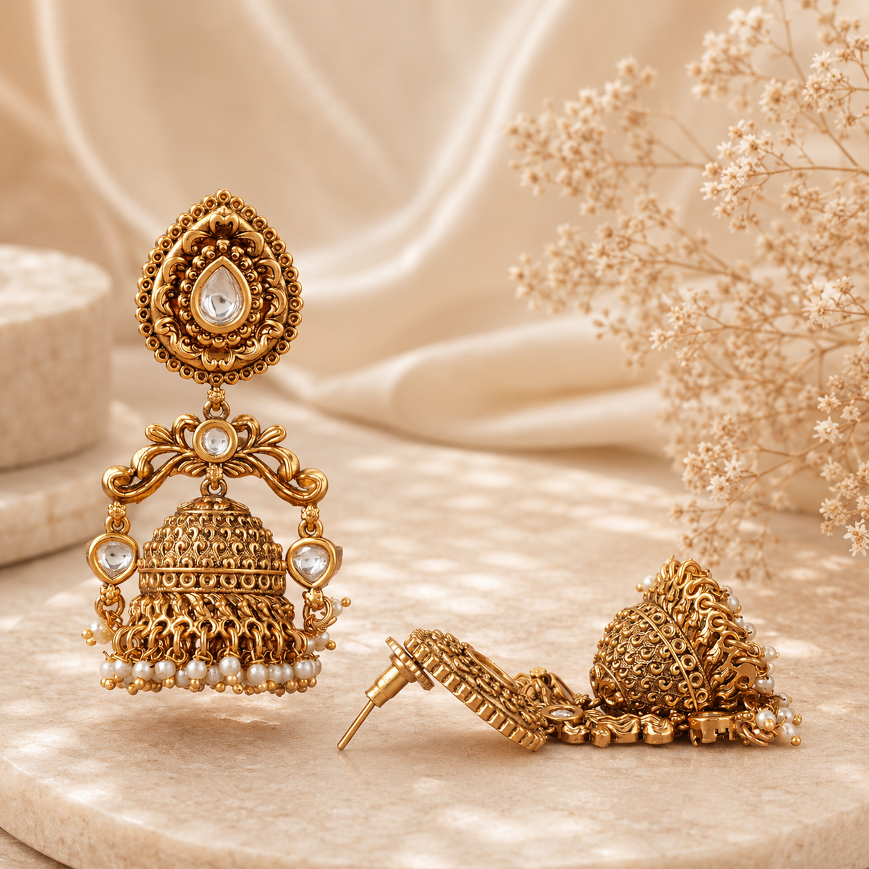 Long traditional antique gold pearl drop jhumka earring