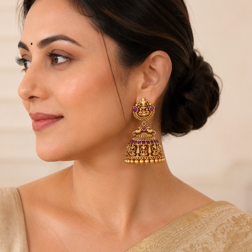 Amazing antique gold ma lakhsmi ruby jhumka earring