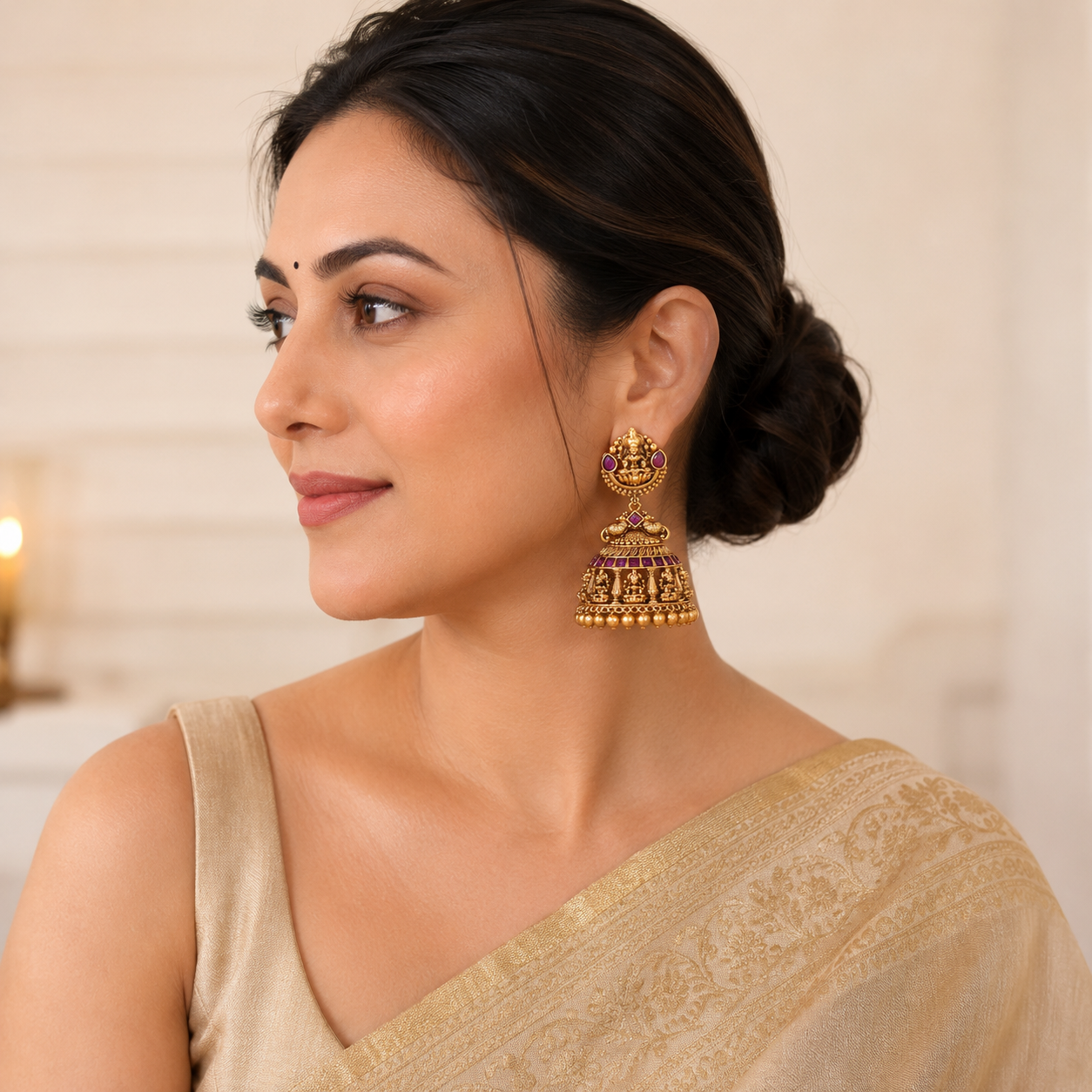 Amazing antique gold ma lakhsmi ruby jhumka earring
