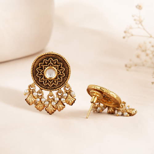 Antique Gold Kundan Pearl Drop Earring