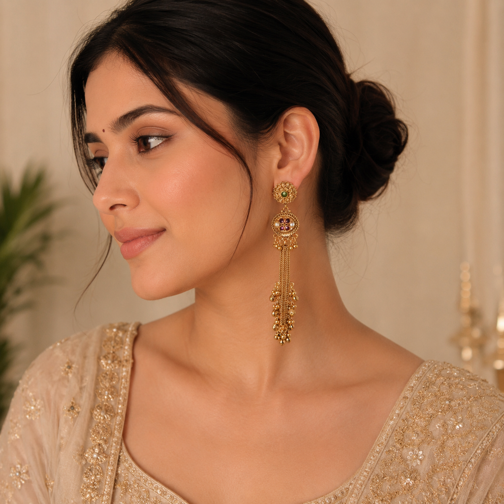 Stunning long antique gold ruby ghungroo earring