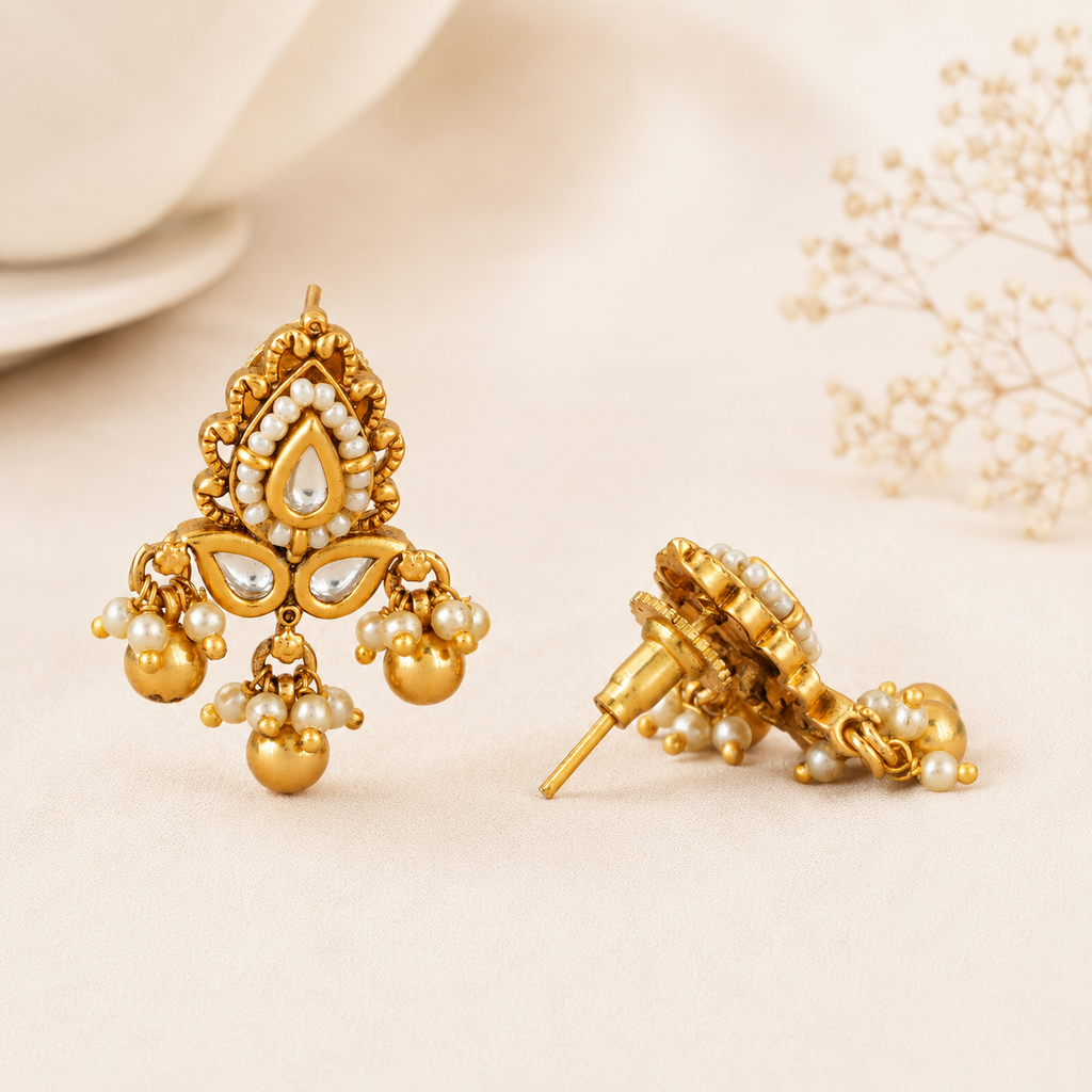 Traditional kundan pearl antique drop earring