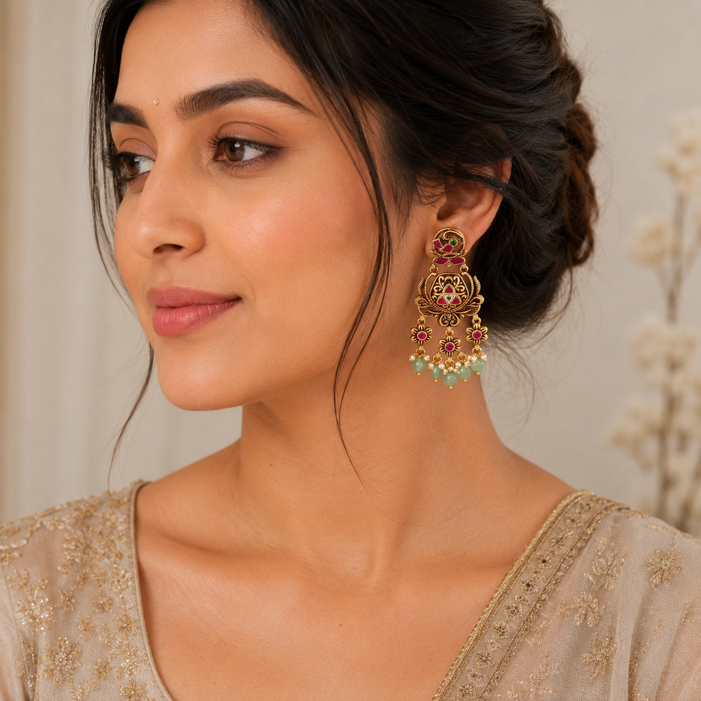 Beautiful long stone antique gold dangler earring