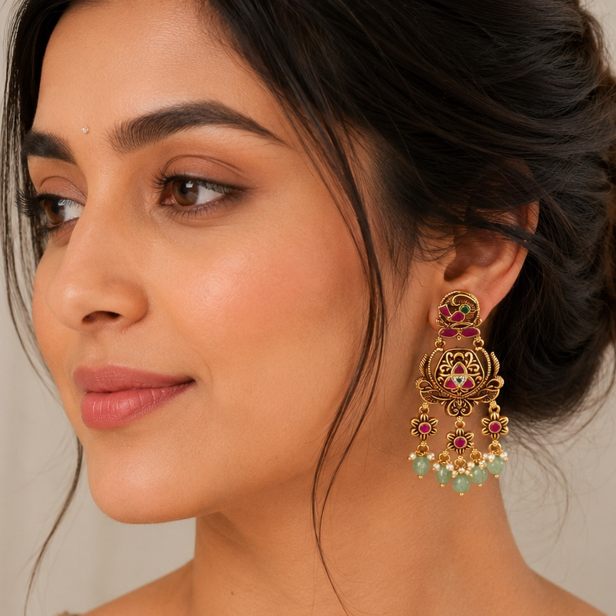 Beautiful long stone antique gold dangler earring