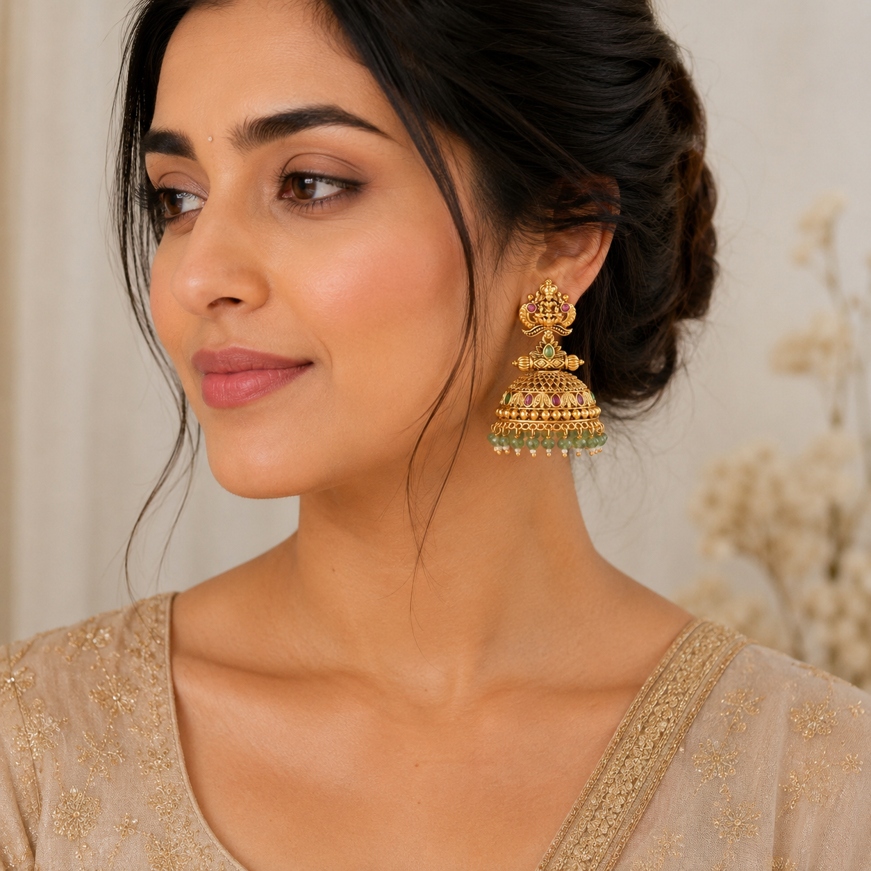 Gorgeous antique gold traditional maa lakshmi stone jhumka earring