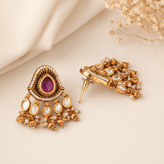 Stunning antique gold kundan stone pearl drop earring