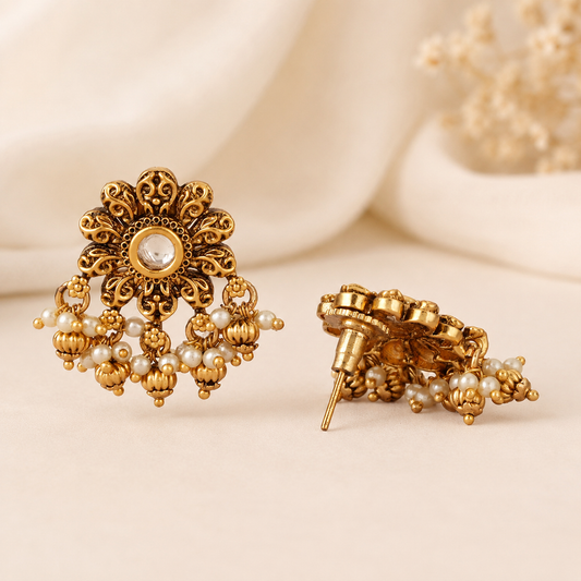 Floral antique gold pearl drop kundan earring