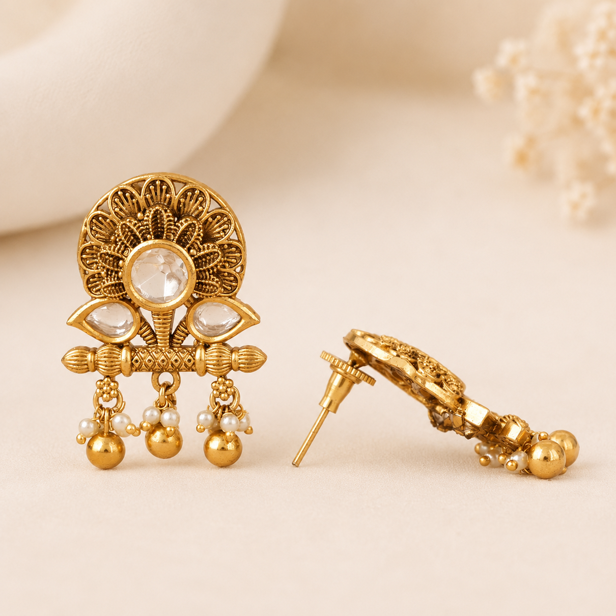 Stunning antique gold lotus kundan pearl drop earring