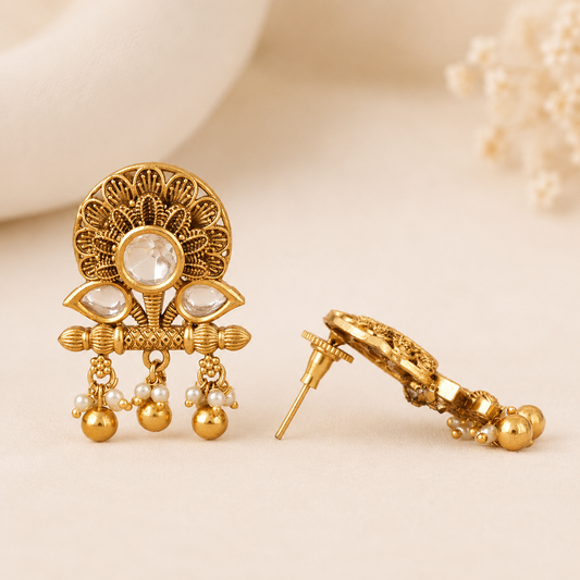 Stunning antique gold lotus kundan pearl drop earring