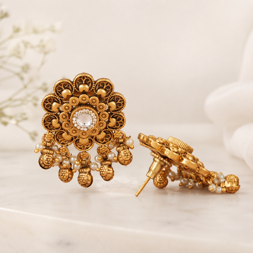 Antique Gold Floral Kundan Ball Drop Earring