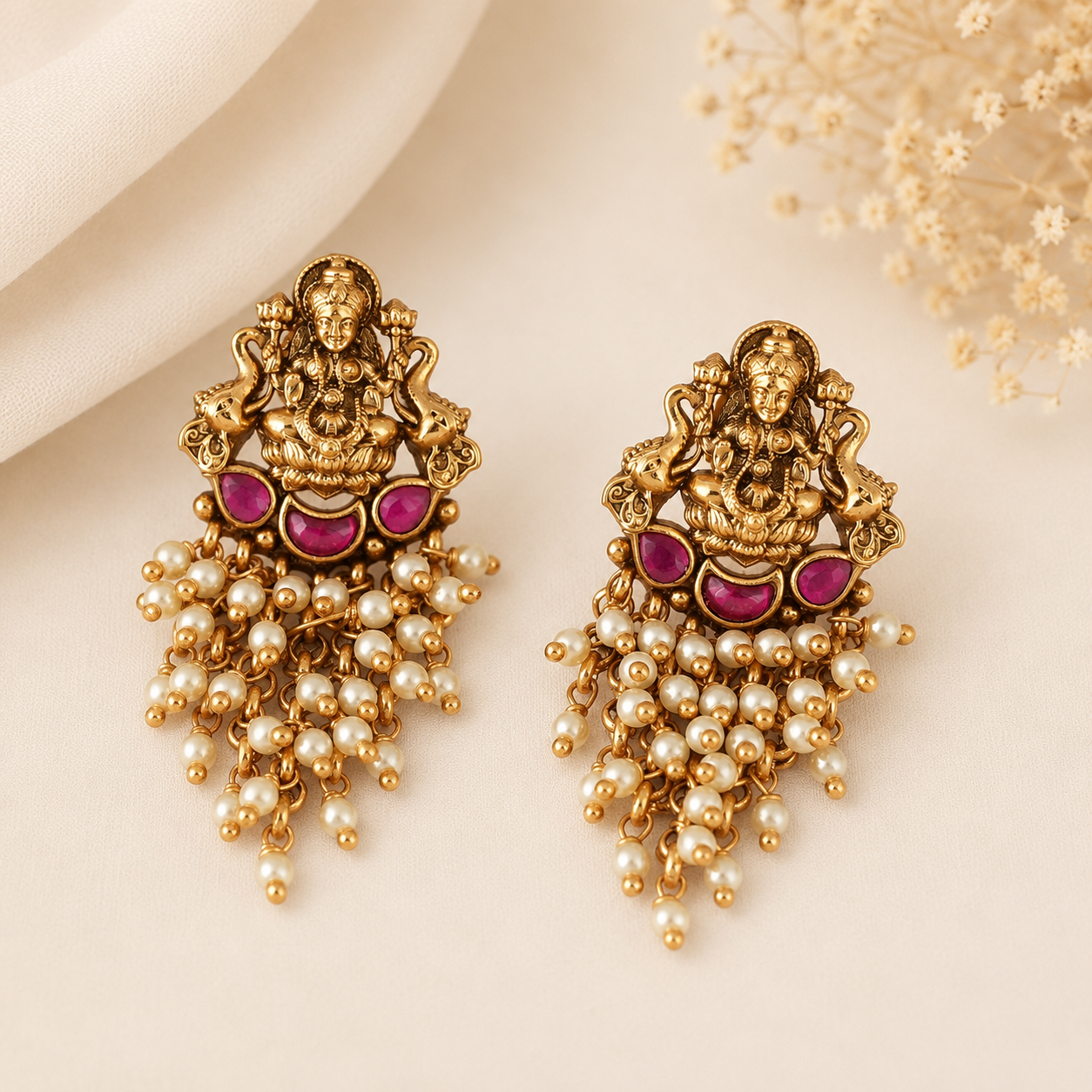 Stunning maa lakshmi pearl drop antique gold earring I Temple Jewellery