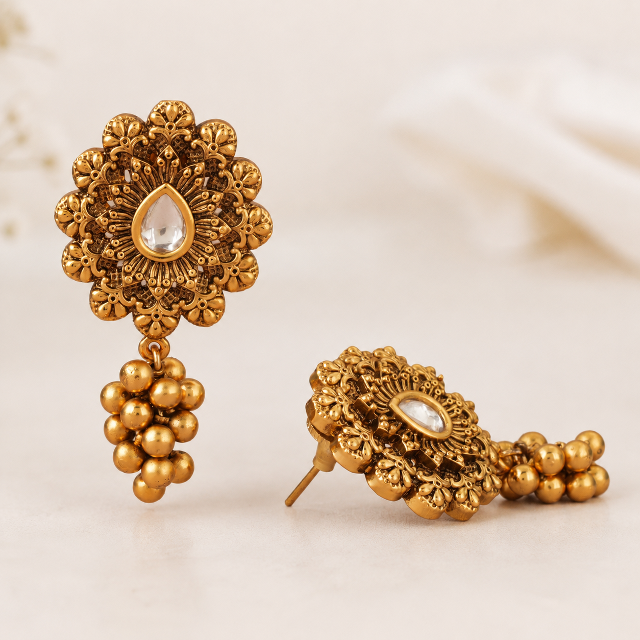 Beautiful antique gold ball drop kundan earring