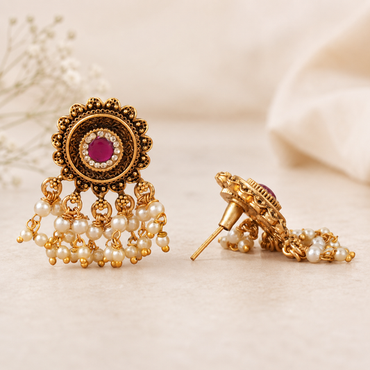 Cute antique gold stone pearl drop earring
