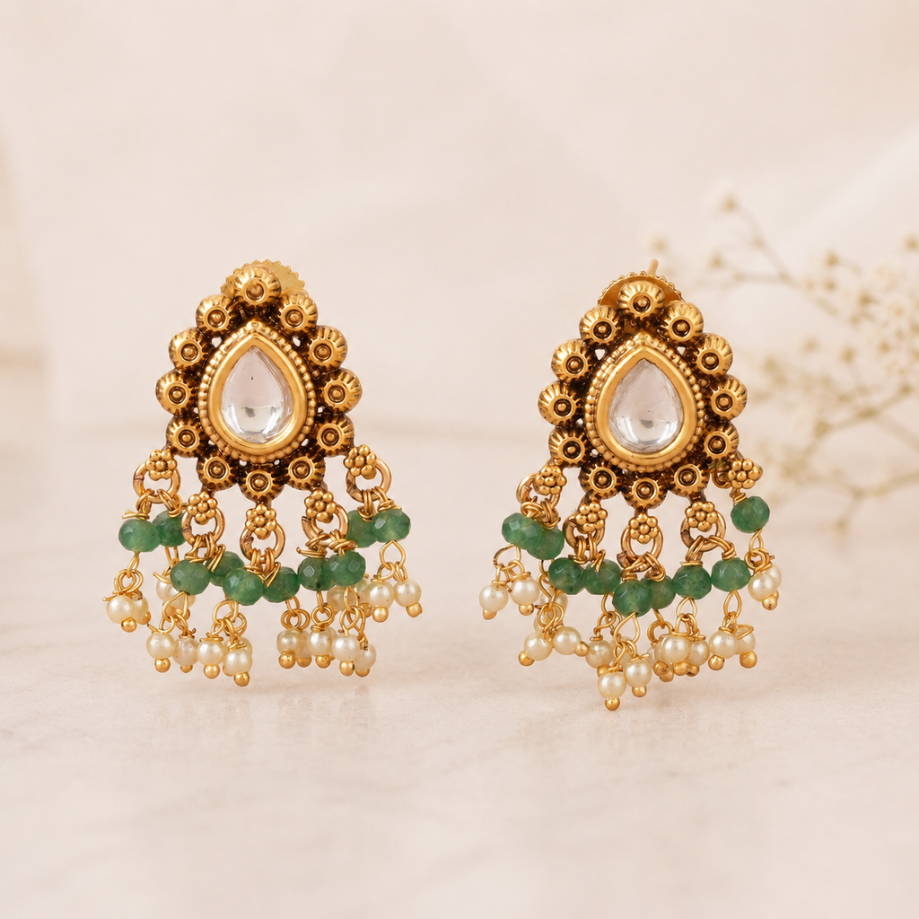 Stunning antique gold stone drop kundan earring