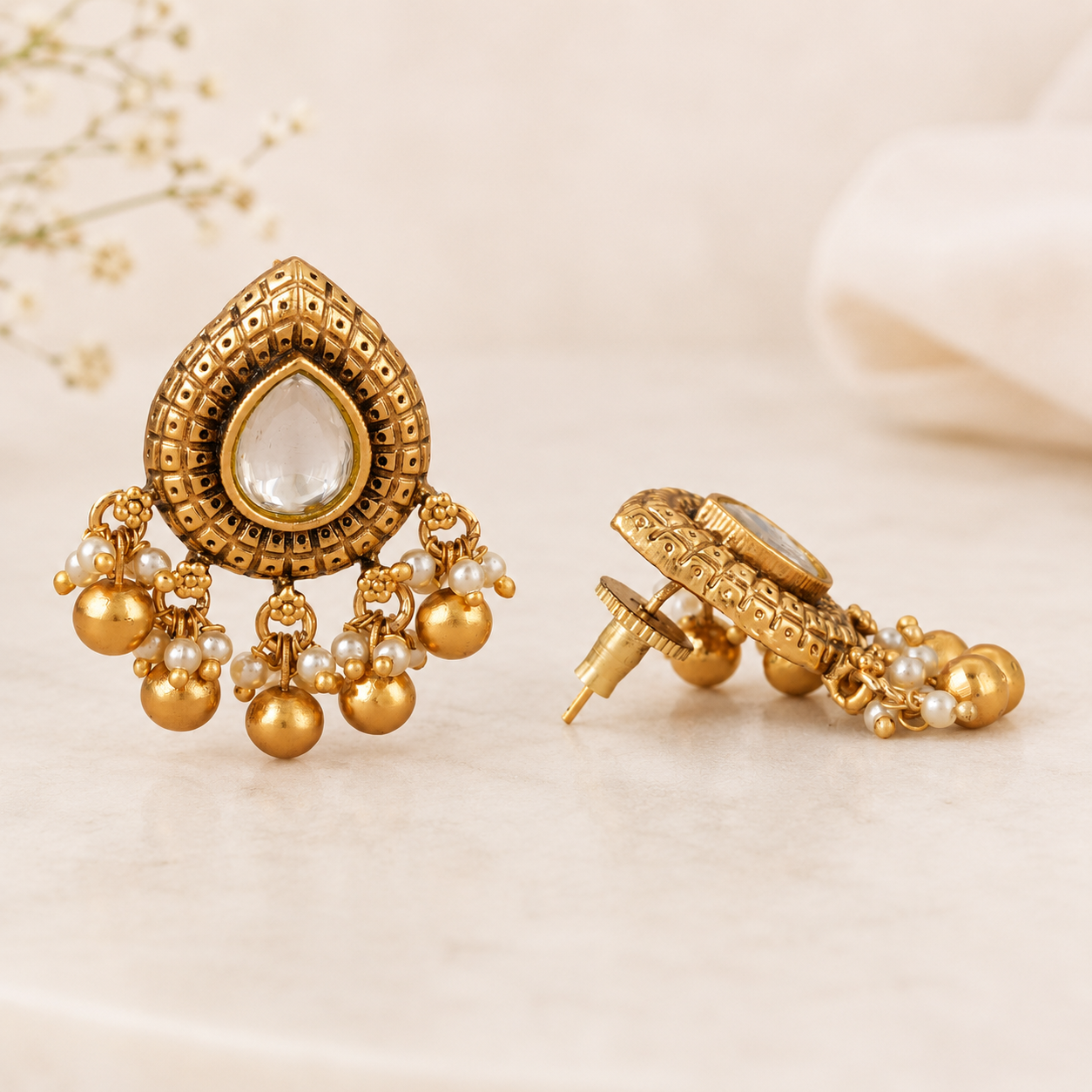 Stunning ball drop kundan antique gold earring