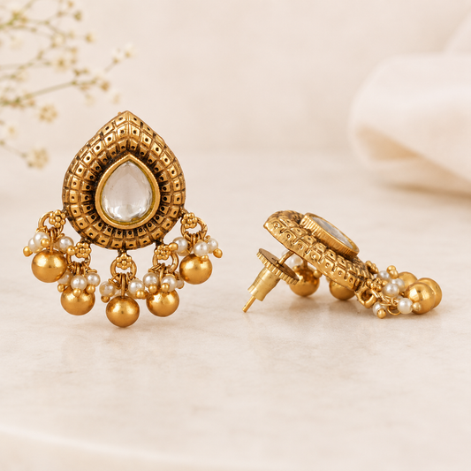 Stunning ball drop kundan antique gold earring