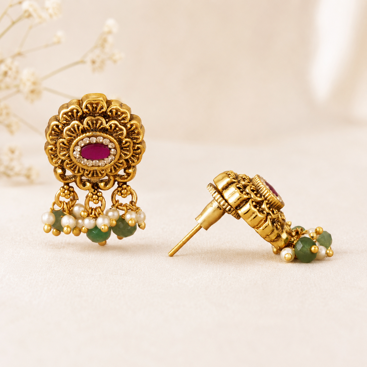 Cute delicate antique gold stone green stone drop earring