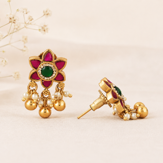 Cute floral stone ball drop antique gold earring