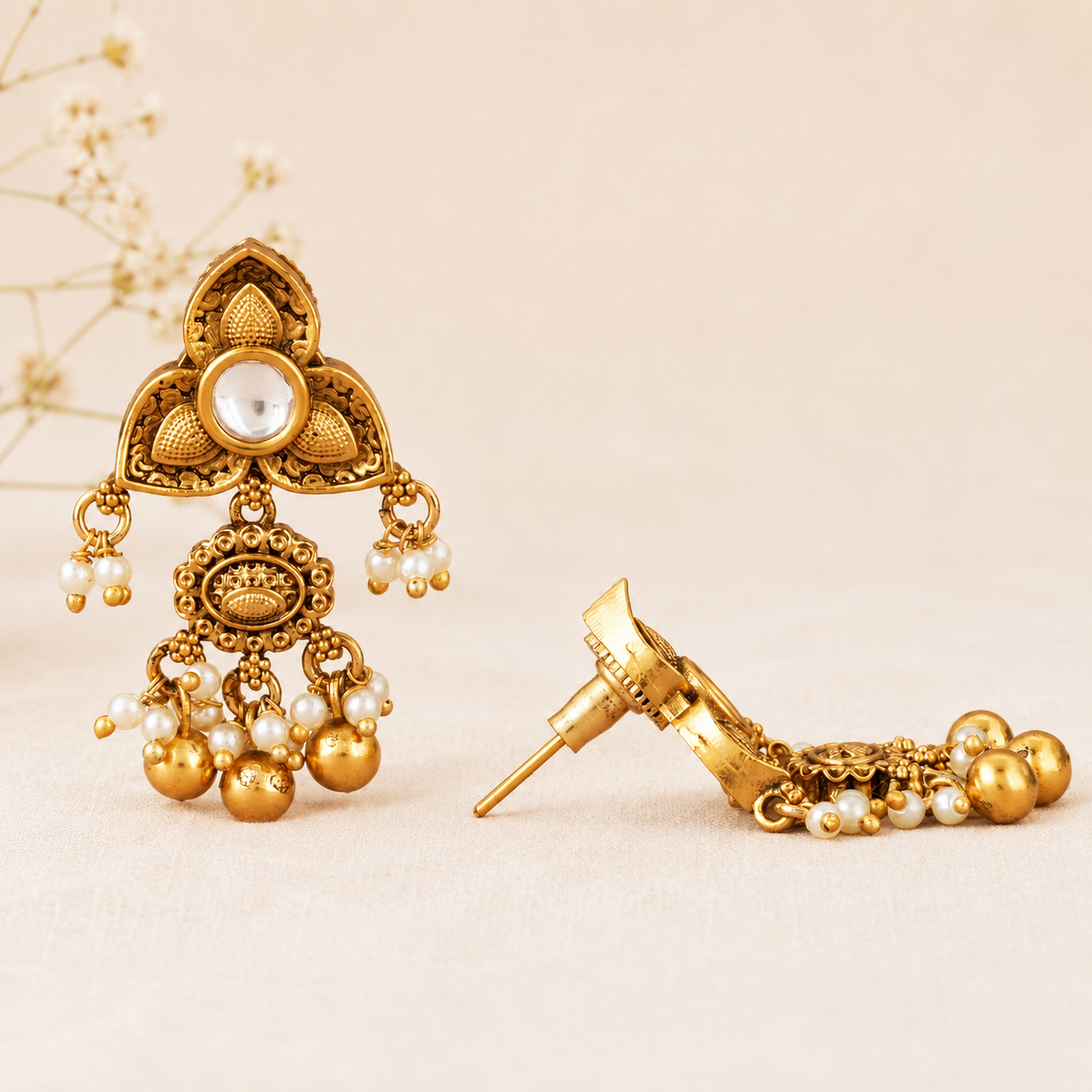 Pearl drop antique gold kundan traditional earring