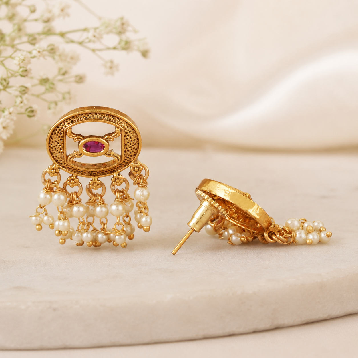 Beautiful delicate antique gold pearl drop traditional earring