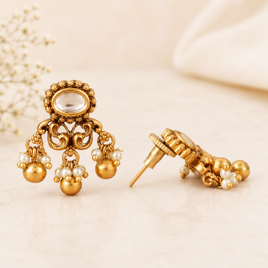Pearl drop kundan antique gold earring