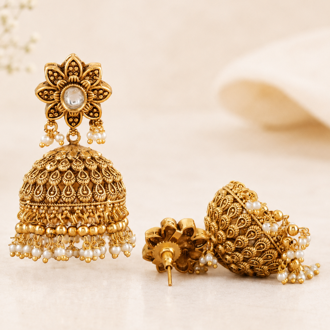 Stunning antique gold kundan pearl drop jhumka earring