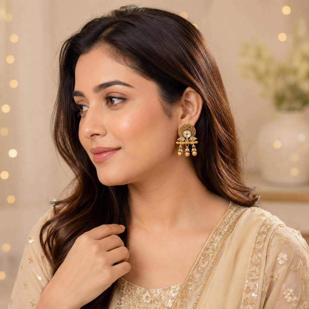 Stunning antique gold lotus kundan pearl drop earring
