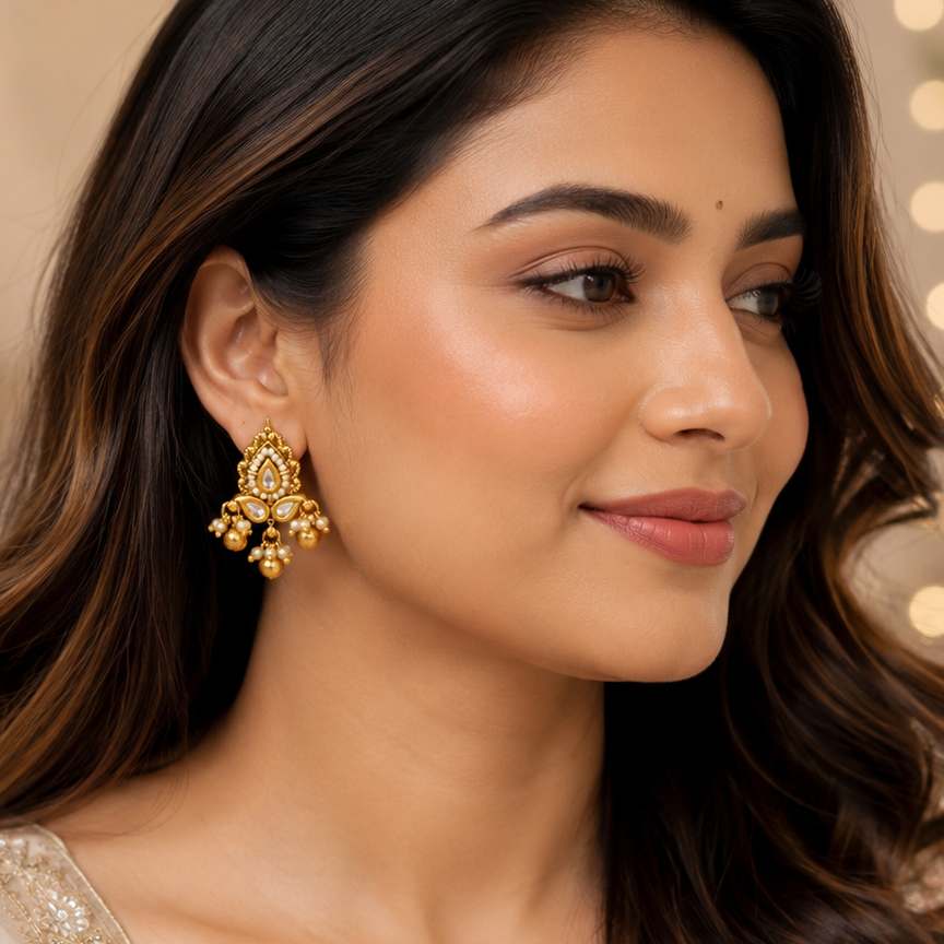 Traditional kundan pearl antique drop earring