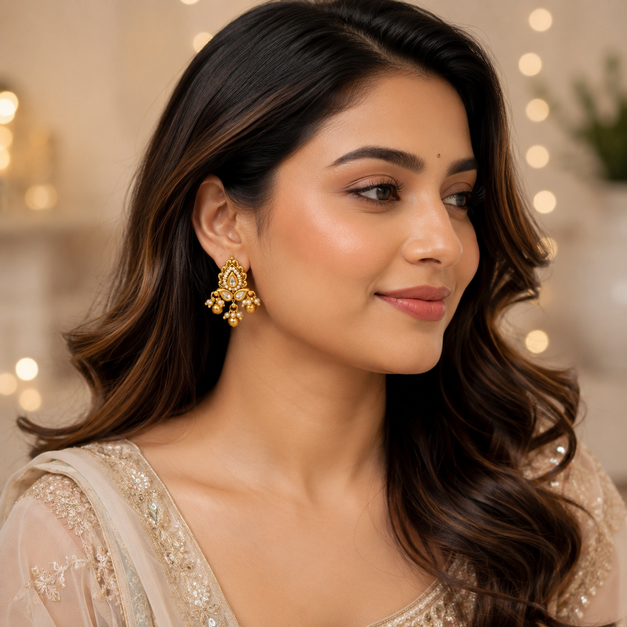 Traditional kundan pearl antique drop earring