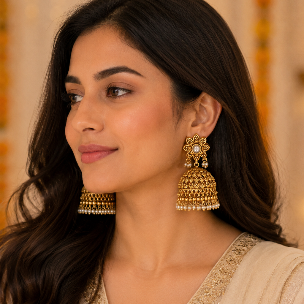Stunning antique gold kundan pearl drop jhumka earring