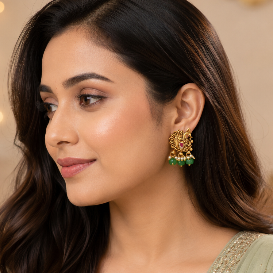 Stone drop antique gold peacock earring