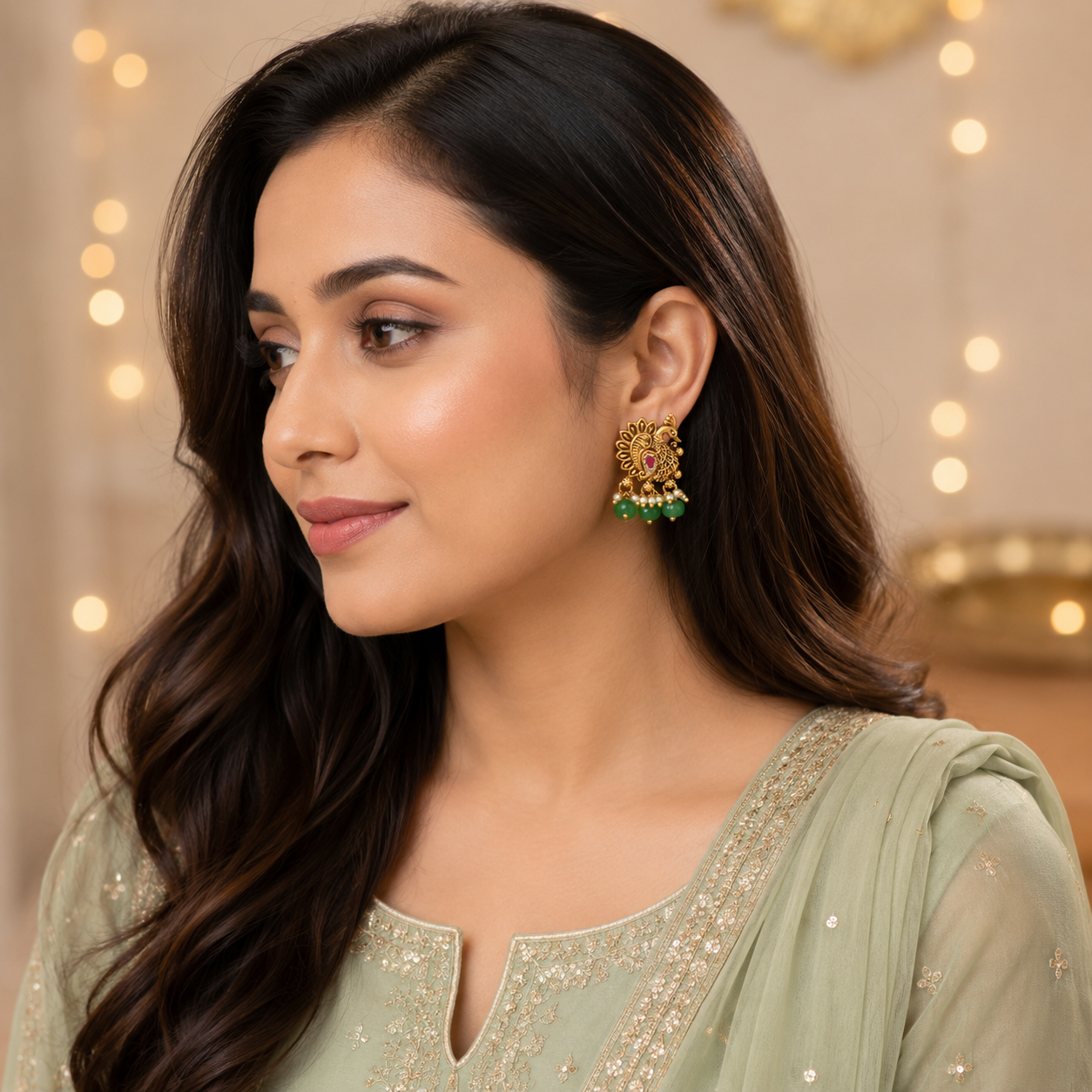 Stone drop antique gold peacock earring