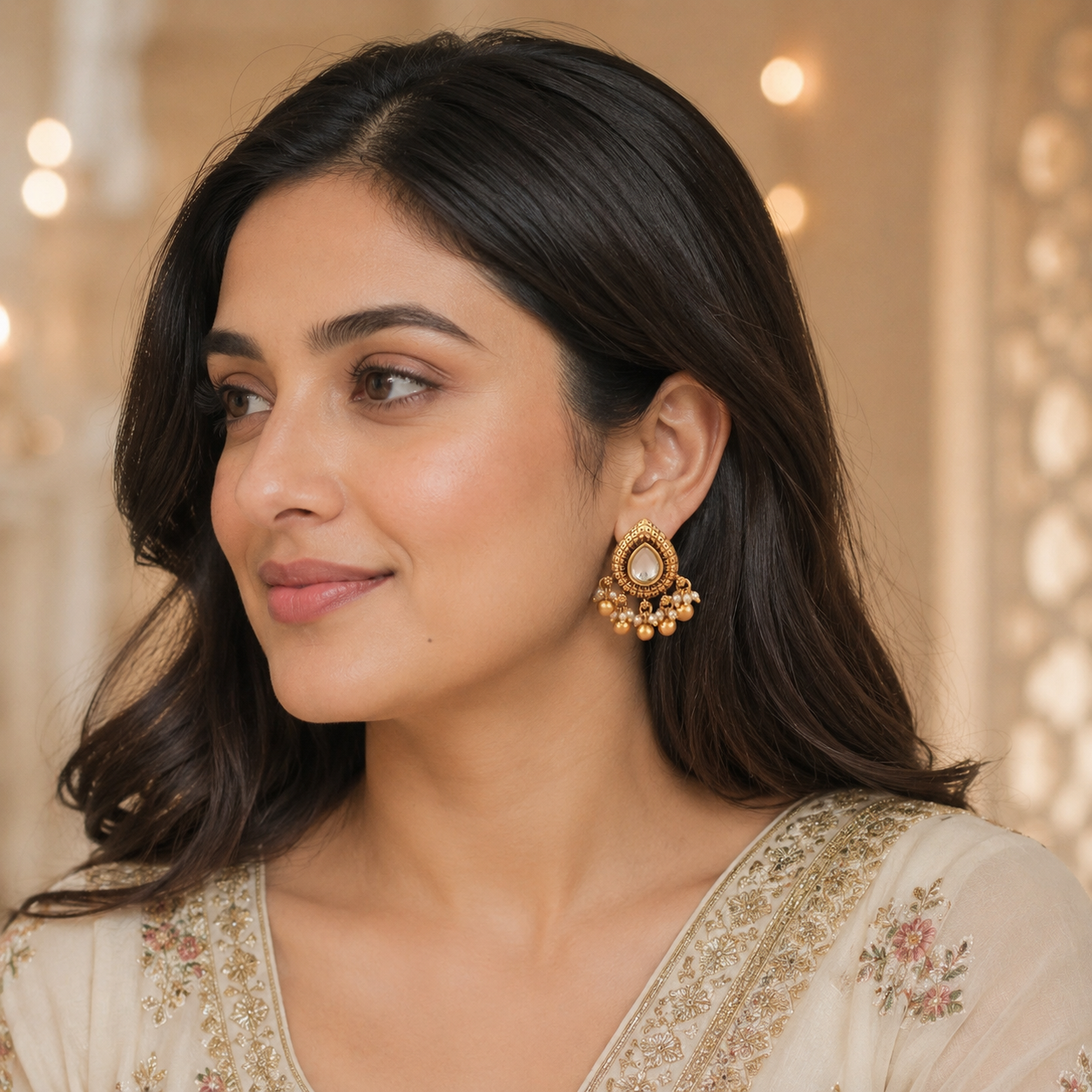 Stunning ball drop kundan antique gold earring