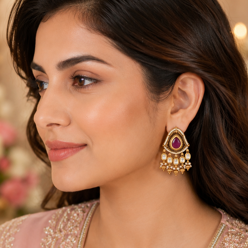 Stunning antique gold kundan stone pearl drop earring