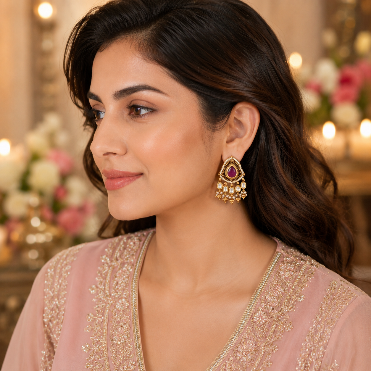 Stunning antique gold kundan stone pearl drop earring