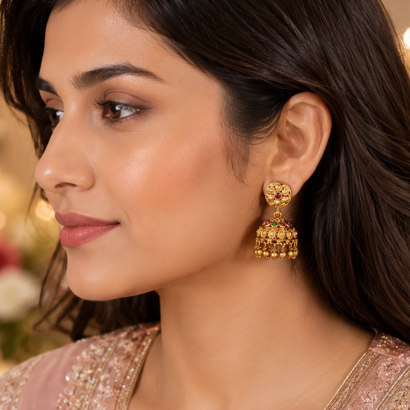 Stunning elegant stone antique gold jhumka