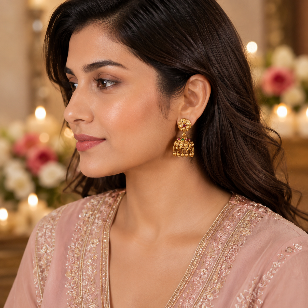 Stunning elegant stone antique gold jhumka