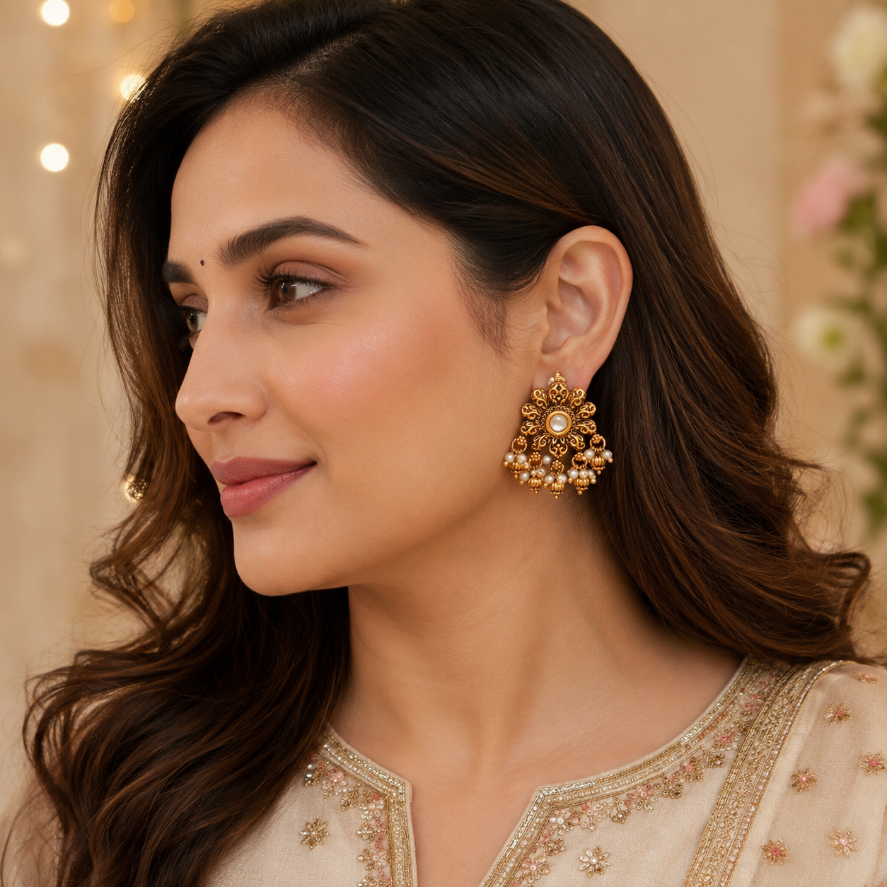 Floral antique gold pearl drop kundan earring