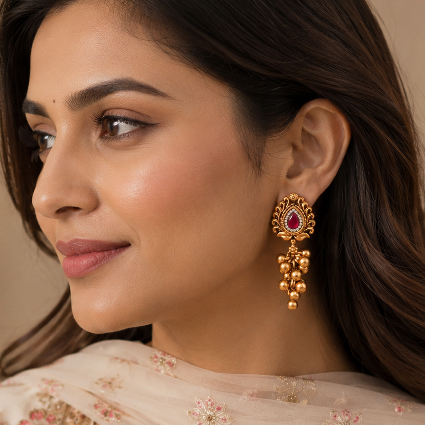 long Stunning stone antique gold ruby earring