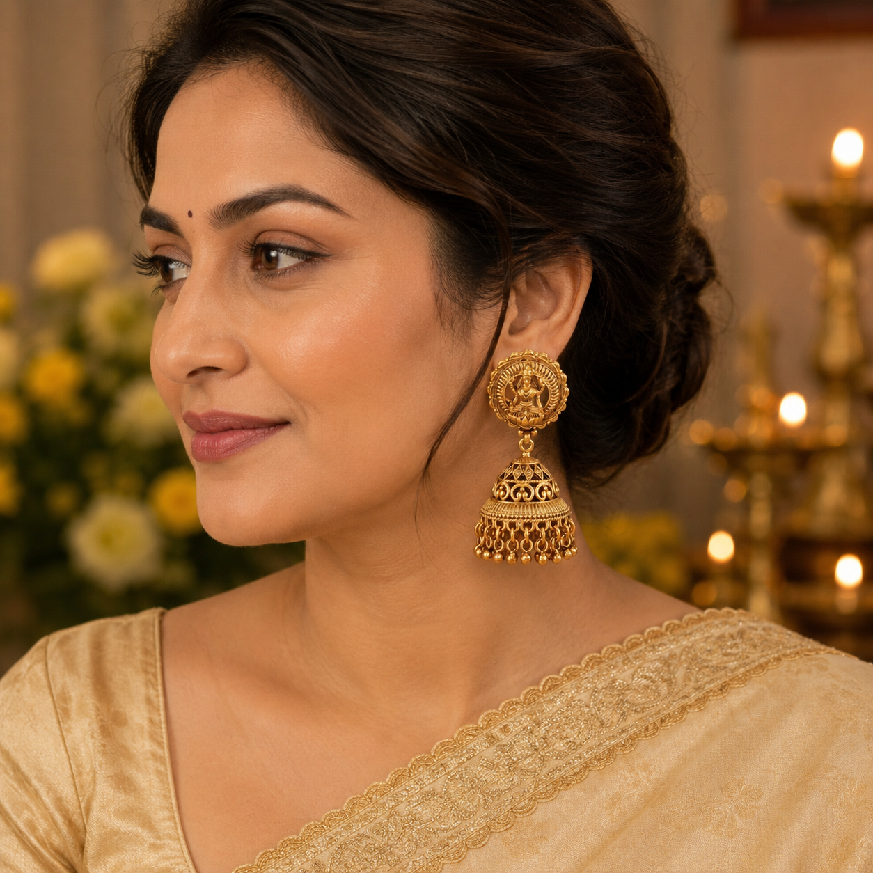 Long antique gold plain ma lakshmi jhumka earring I Temple Jewellery