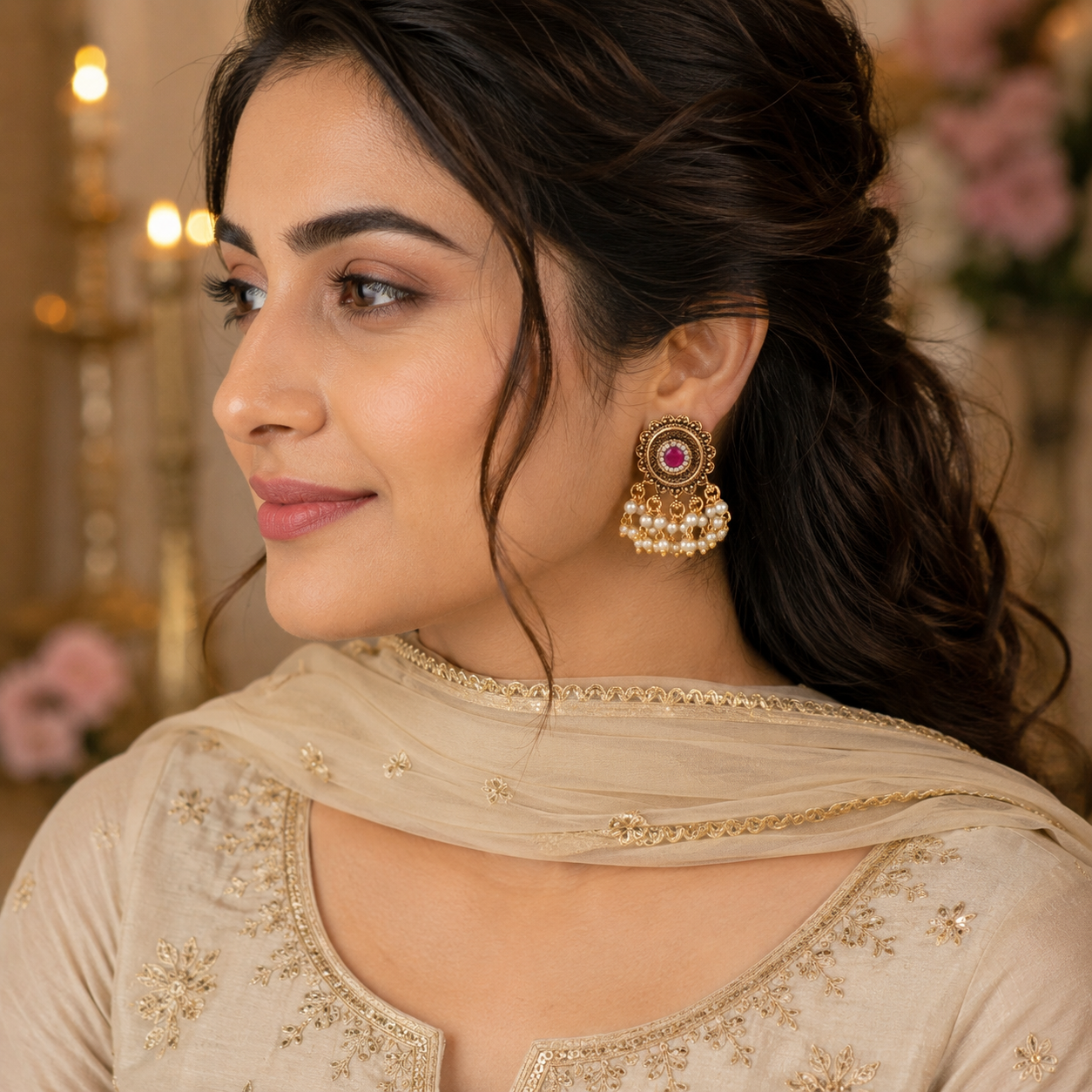 Cute antique gold stone pearl drop earring