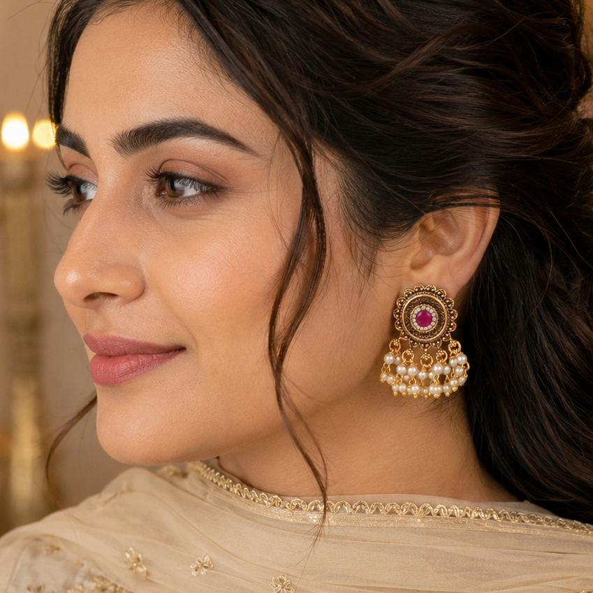 Cute antique gold stone pearl drop earring