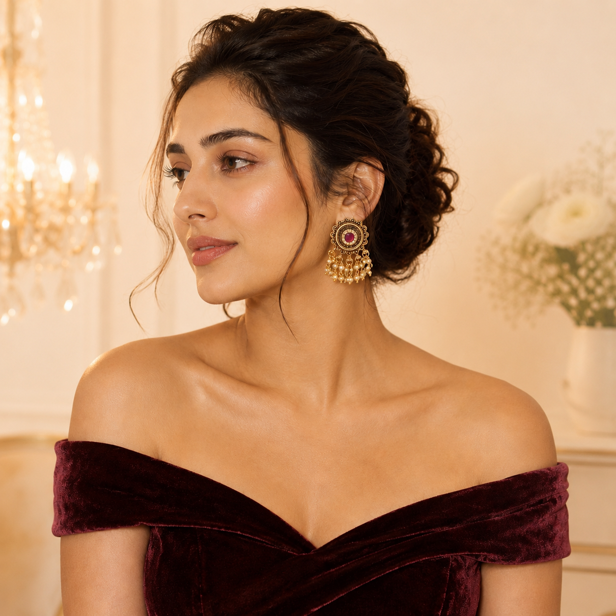 Cute antique gold stone pearl drop earring