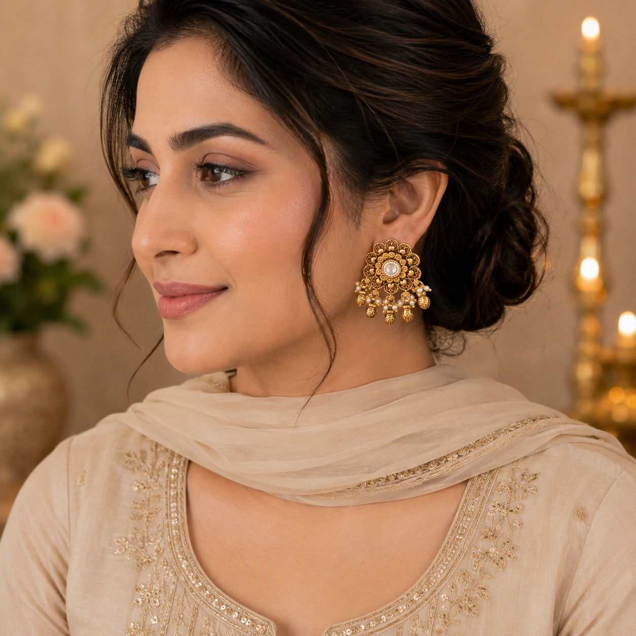 Stunning floral kundan antique gold ball drop earring