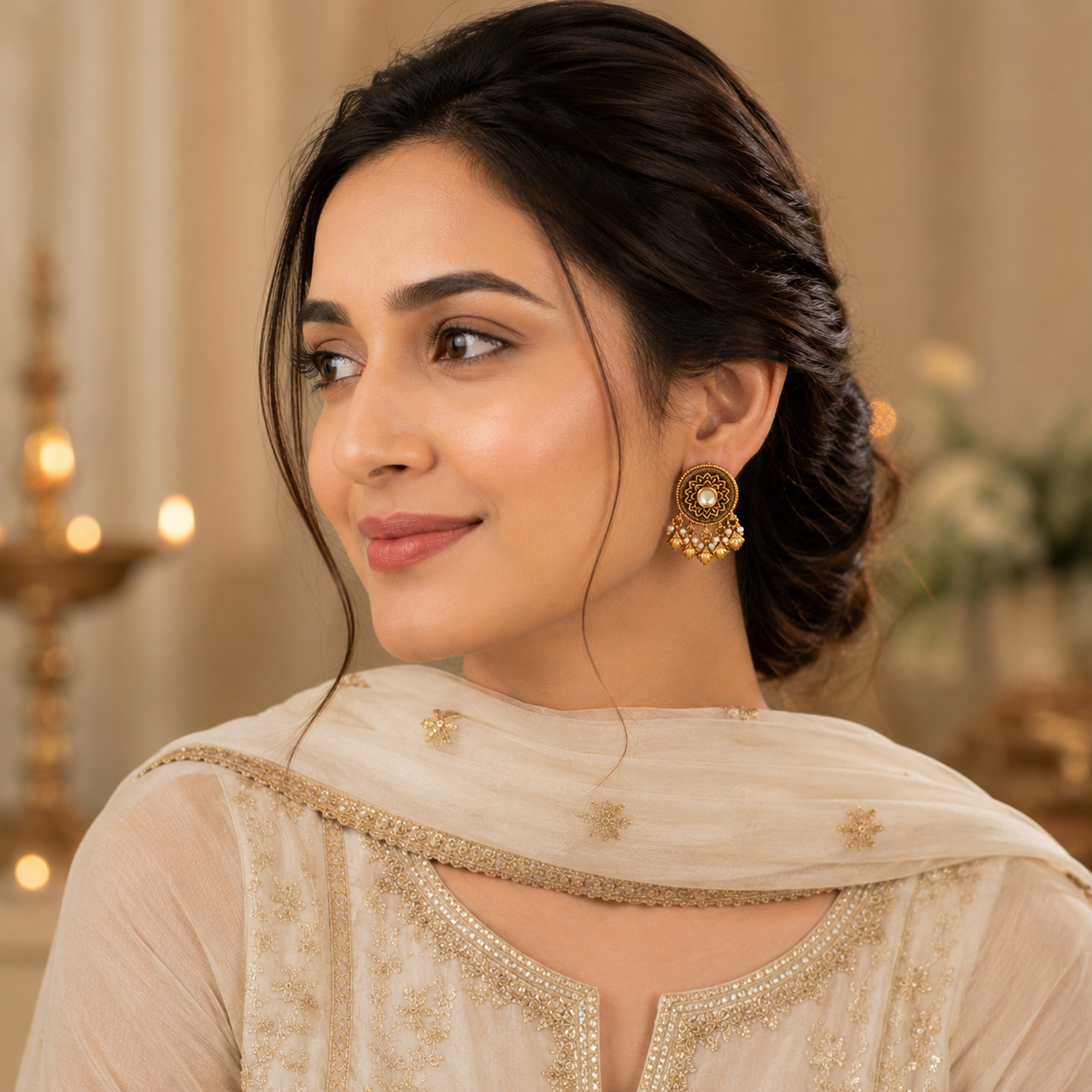 Elegant antique gold kundan pearl drop earring
