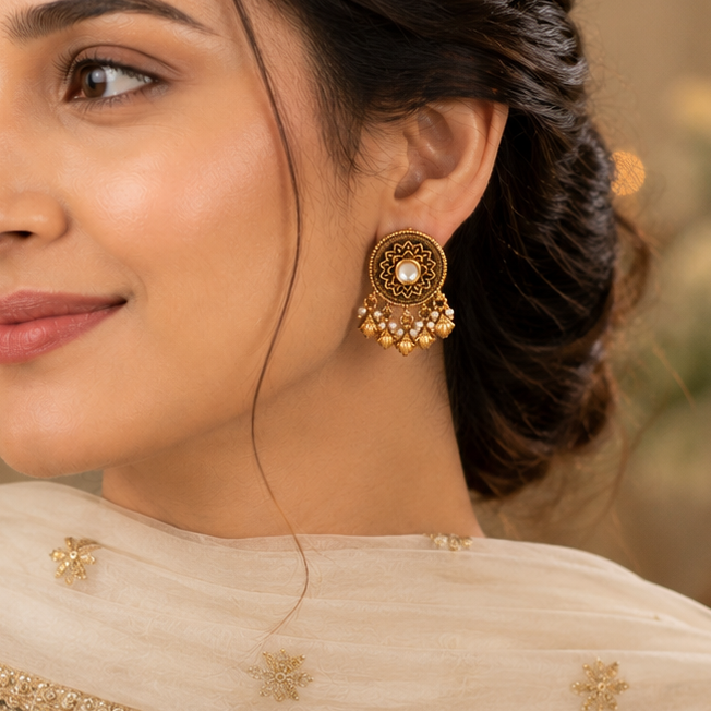 Antique Gold Kundan Pearl Drop Earring
