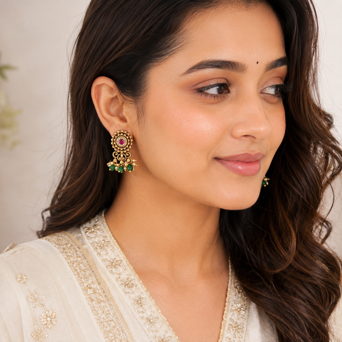 Cute kundan stone antique gold floral earring
