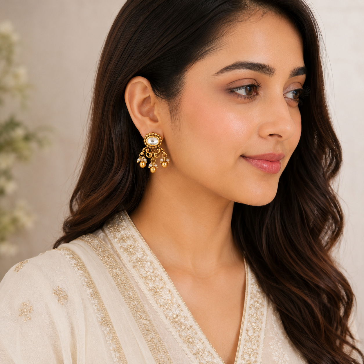 Antique Gold Pearl Drop Kundan Earring