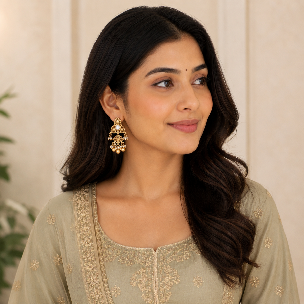 Pearl drop antique gold kundan traditional earring